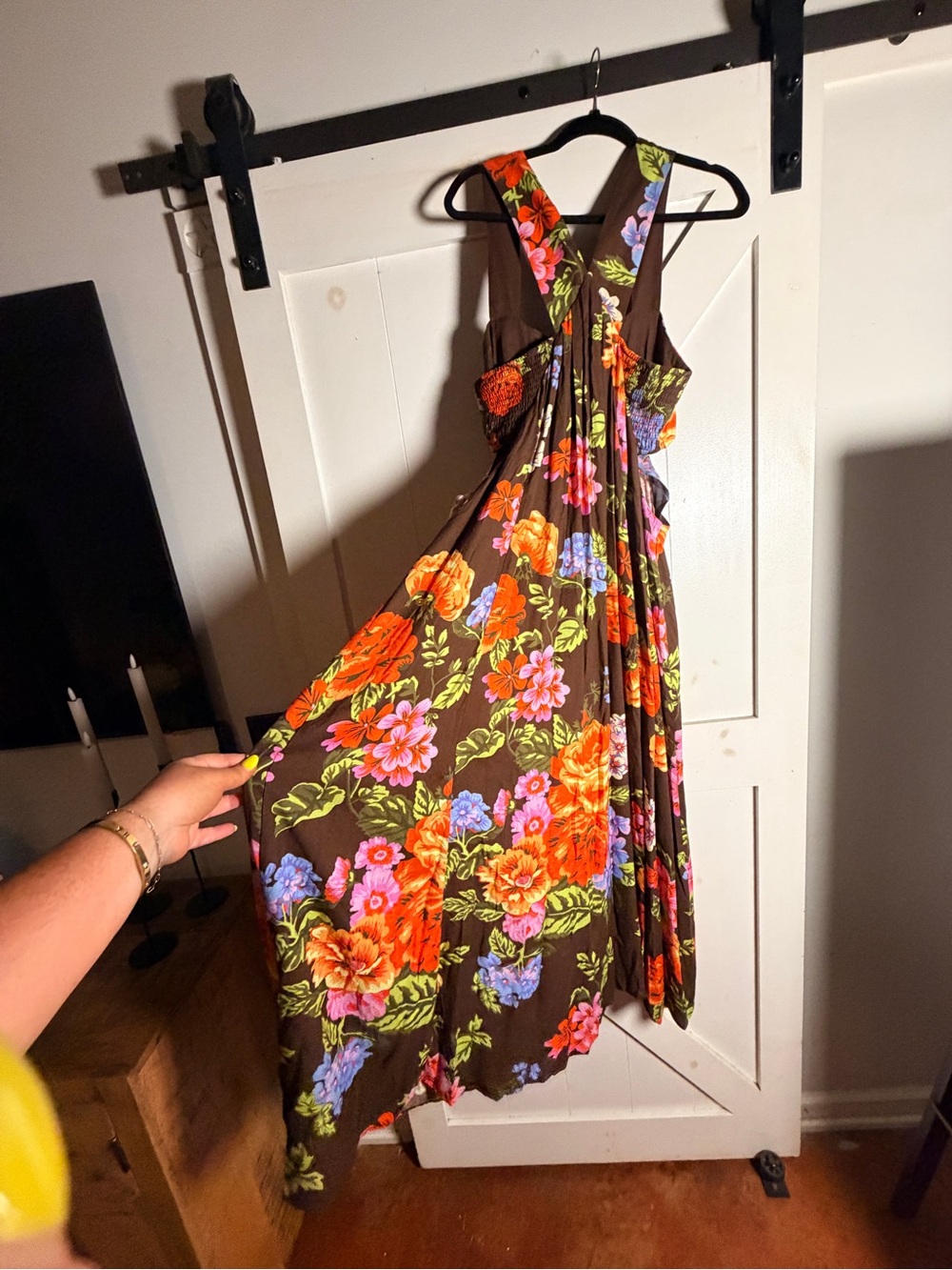Anthropologie Brown Maxi Dress with Bright Floral Bouquet - Picture 2 of 7